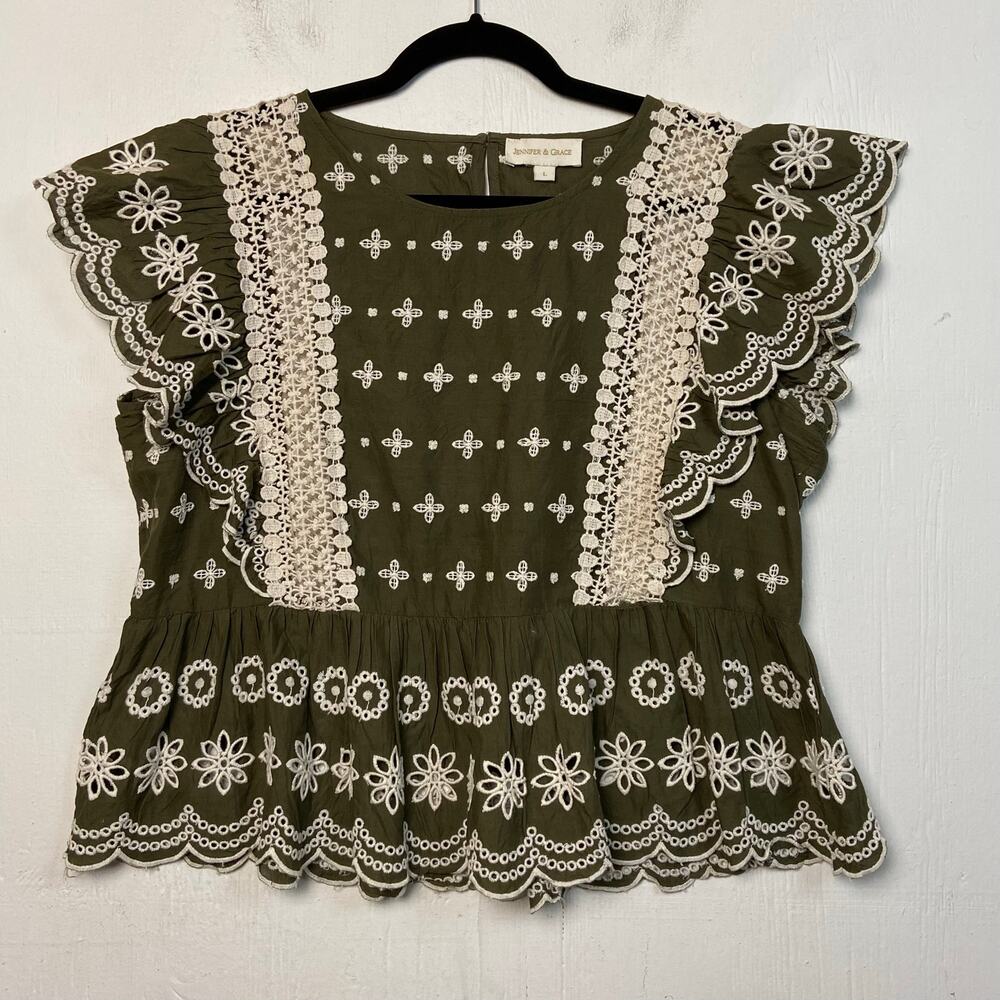 Jennifer & Grace Olive Green Lace Cottage Core Boho Ruffled Top Size Large